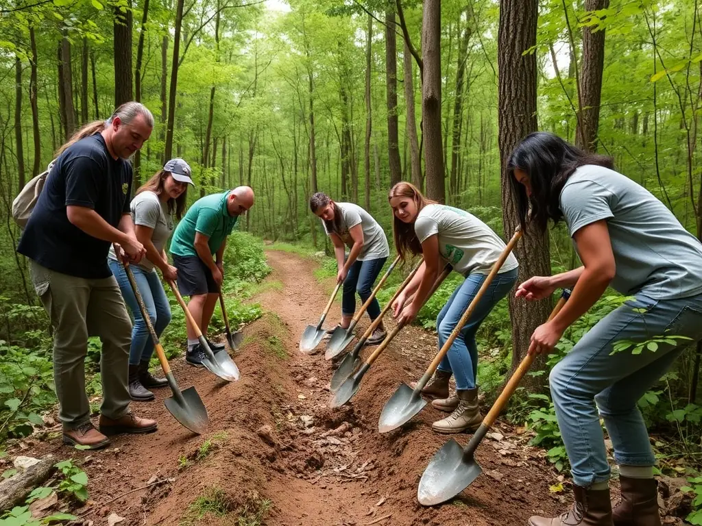 A group of volunteers repairing a section of a hiking trail in a lush forest. The image should convey teamwork and dedication to preserving natural spaces.