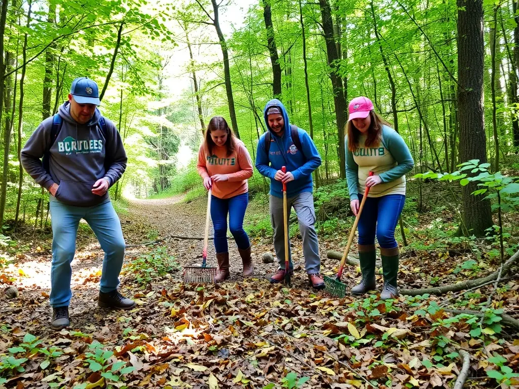 A group of volunteers working together to clear a hiking trail in a forest, showcasing teamwork and environmental stewardship.