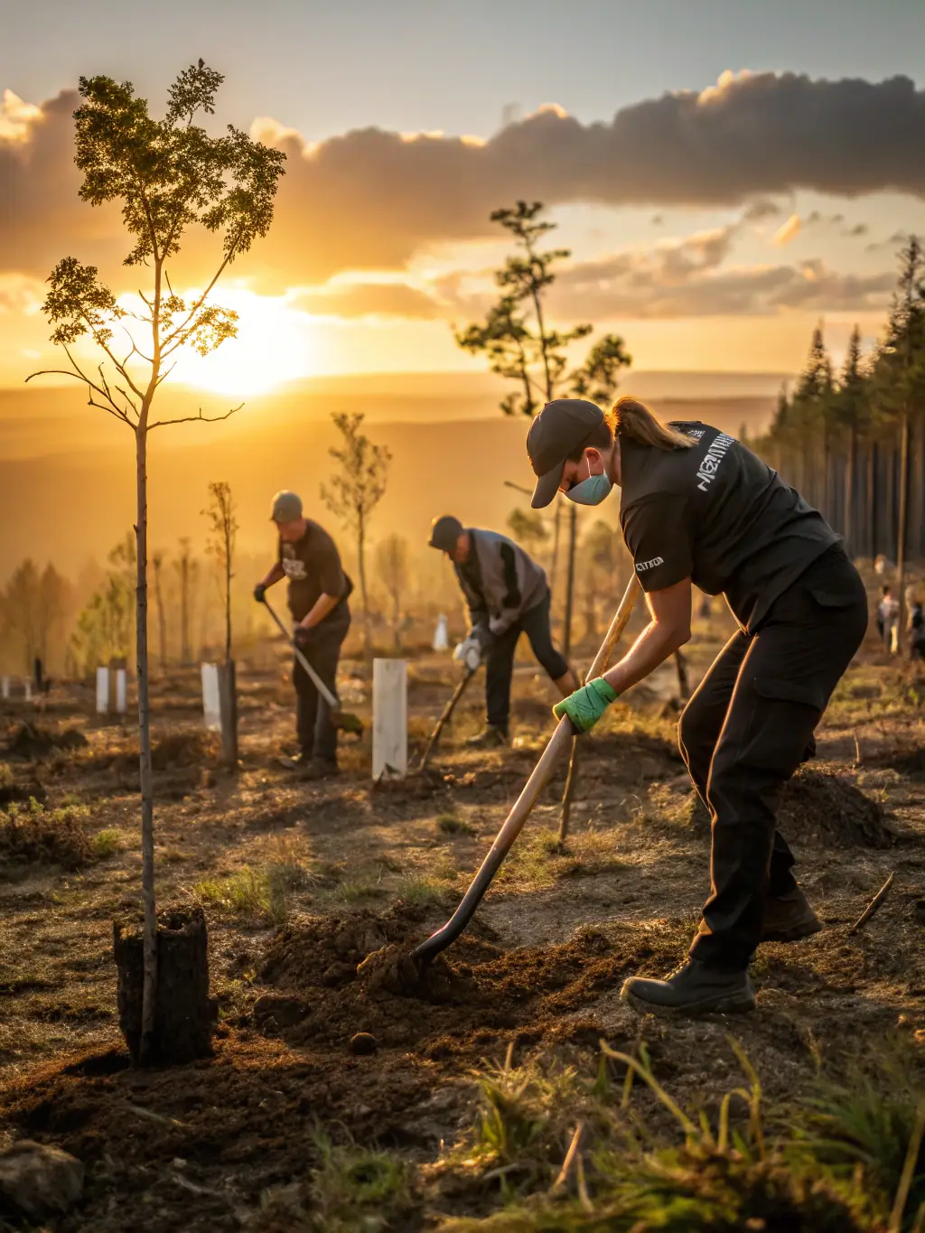 A group of volunteers clearing a hiking trail in a dense forest, showcasing trail maintenance efforts.