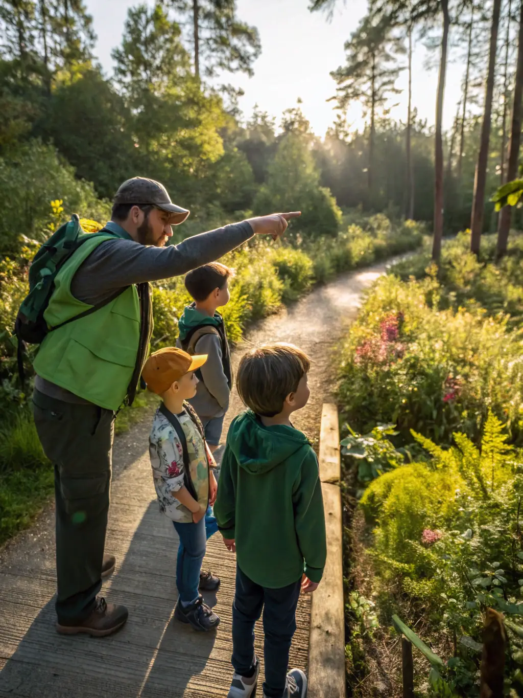 A family enjoying a guided nature walk through a protected natural area, highlighting community engagement.