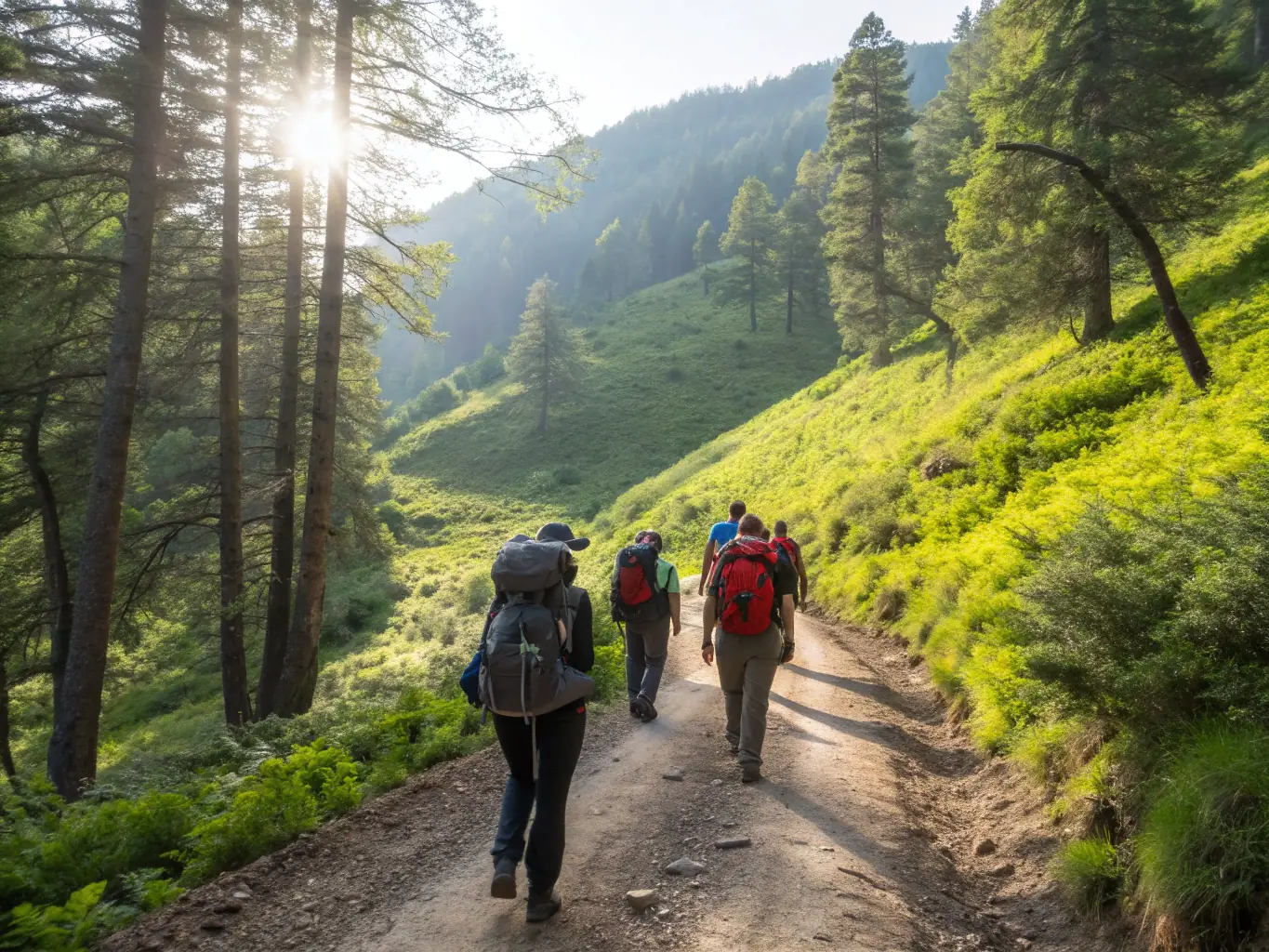 A group of hikers walking along a well-maintained trail through a lush forest, sunlight filtering through the trees, showcasing the beauty of nature and the joy of outdoor recreation.