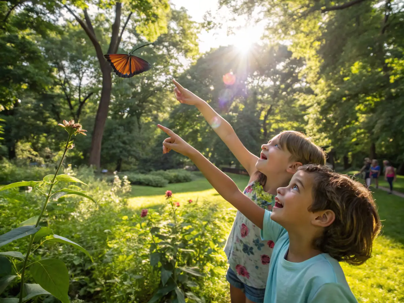A photo of a group of children participating in an outdoor environmental education program, learning about local flora and fauna.