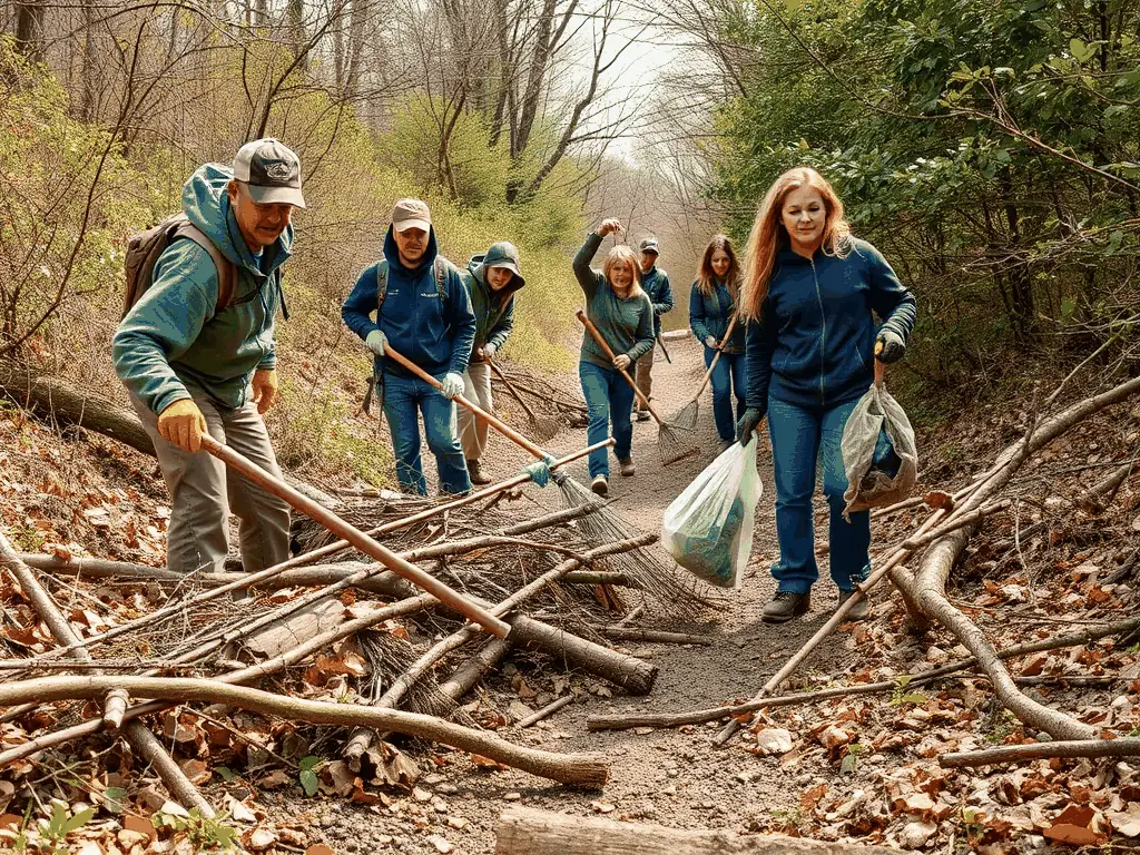 Volunteers working together to maintain a trail, clearing debris, repairing surfaces, and installing signage, demonstrating their commitment to preserving access to nature.