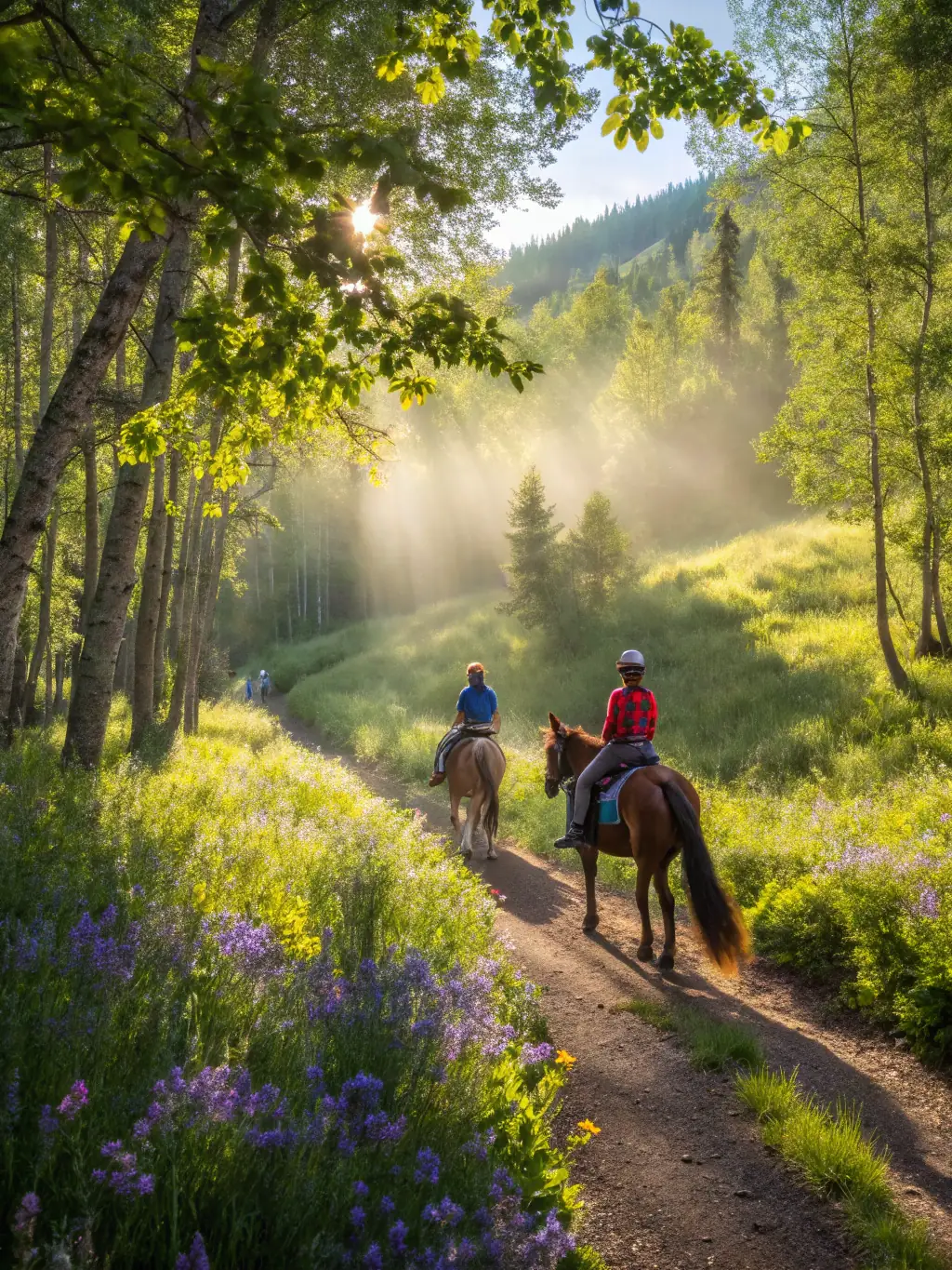 A group of equestrians riding horses on a well-maintained trail, emphasizing equestrian access and trail quality.