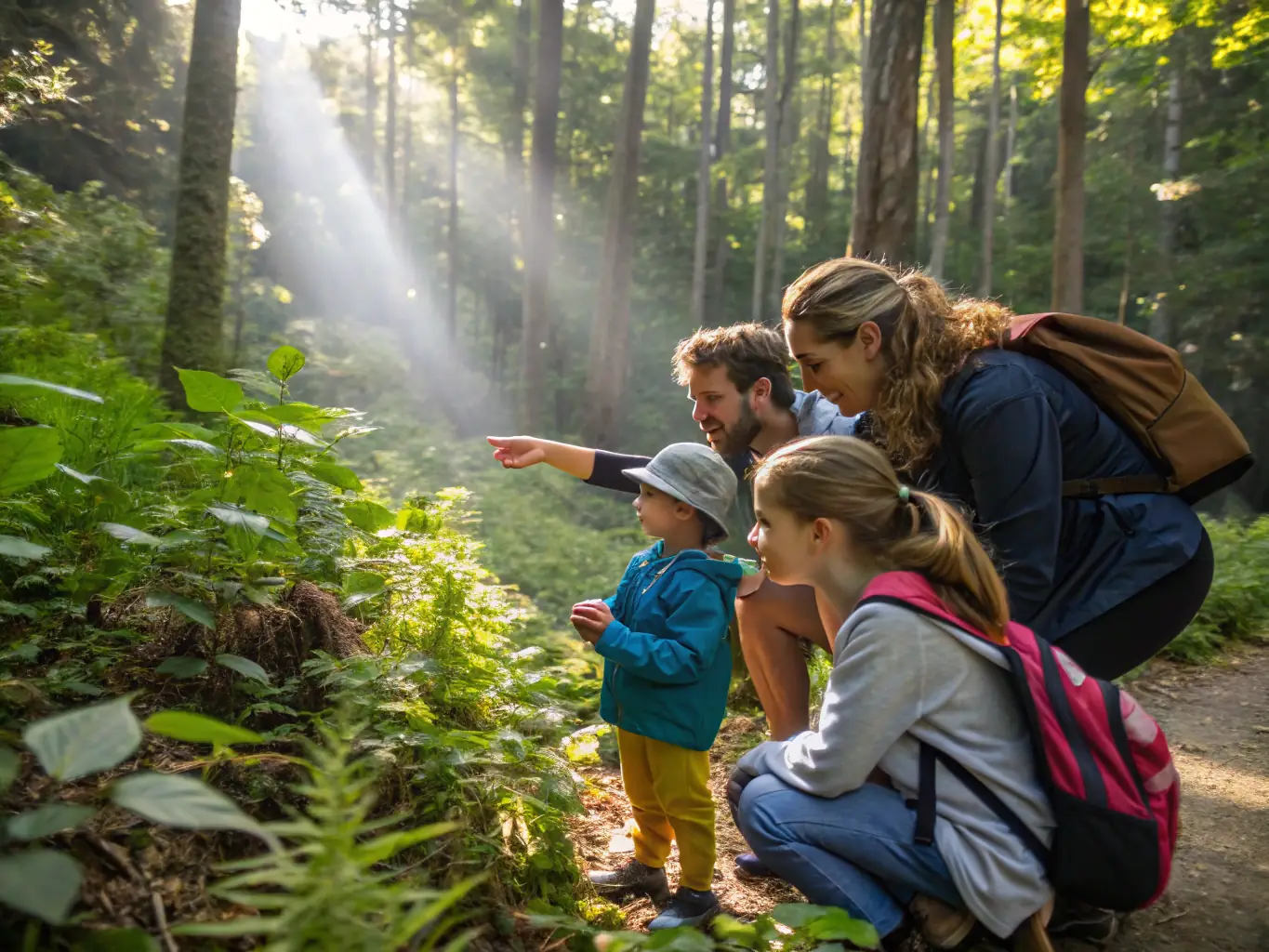 A diverse group of people participating in an environmental education workshop outdoors, learning about local flora and fauna.