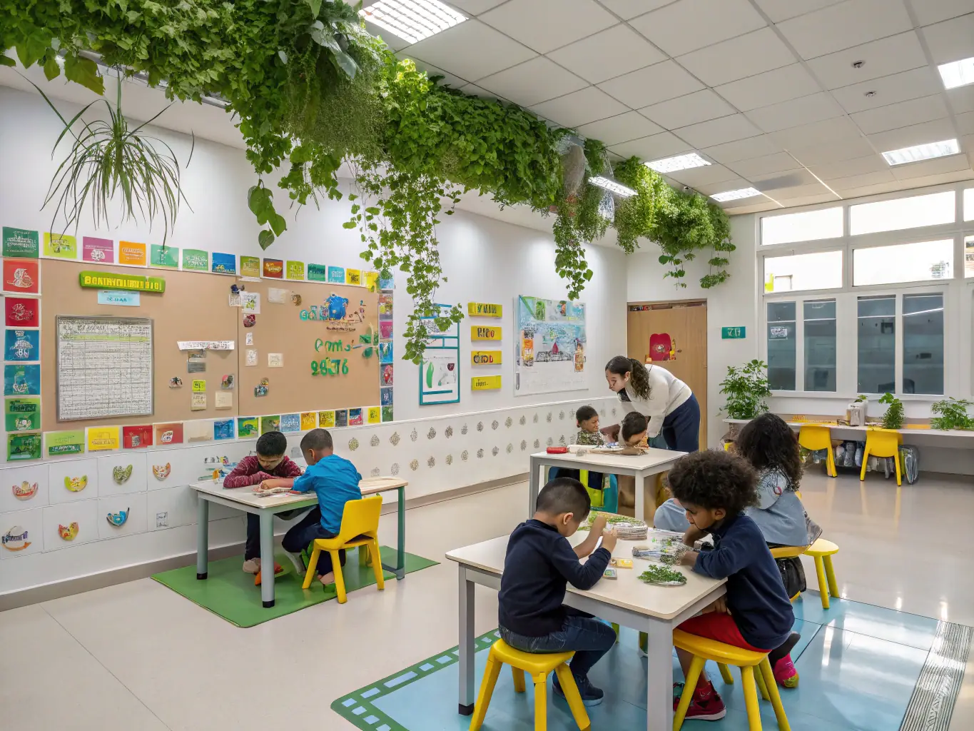 A classroom setting with children participating in an interactive environmental education workshop, learning about local ecosystems and conservation practices.